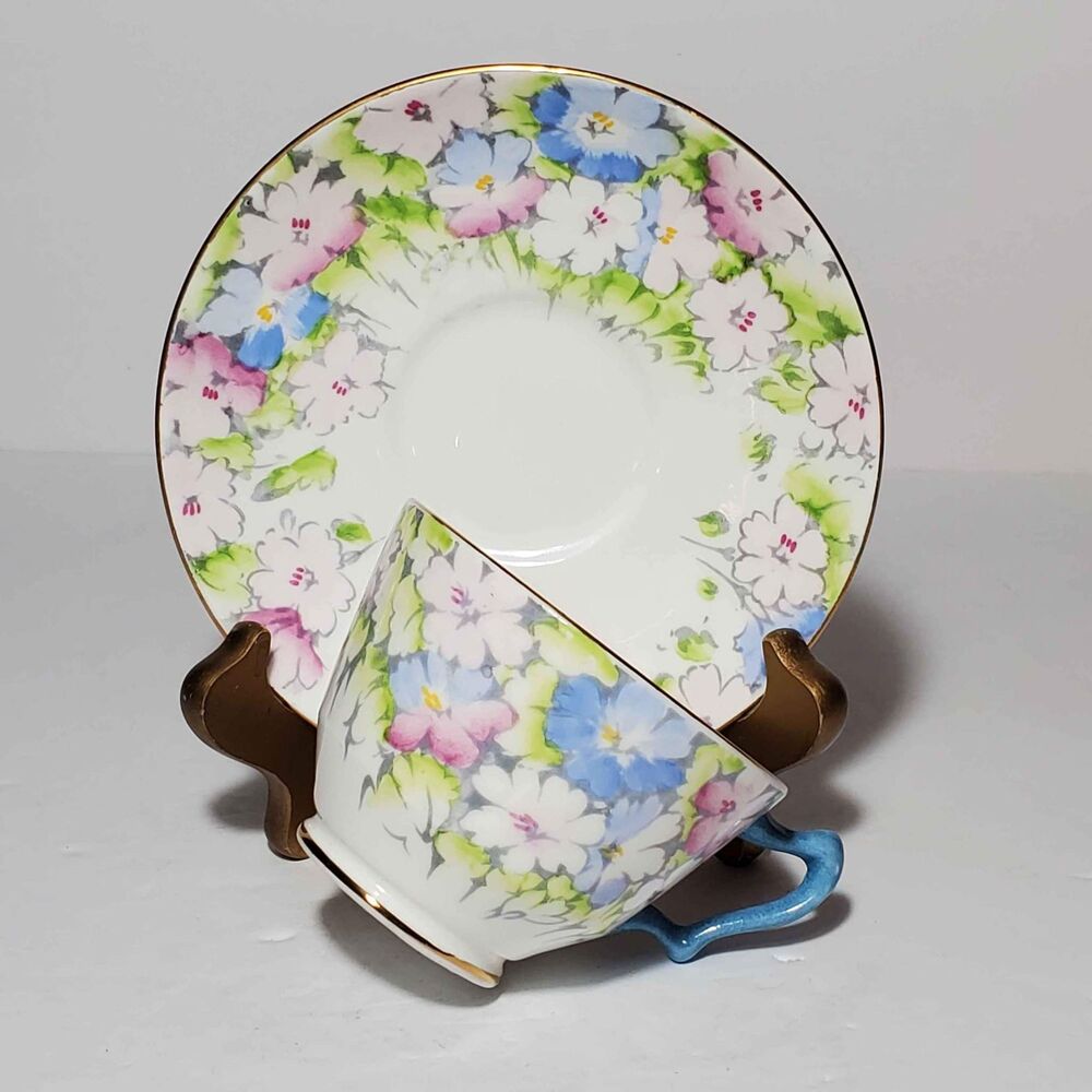Crown Staffordshire Teacup and Saucer Pink Blue Flowers